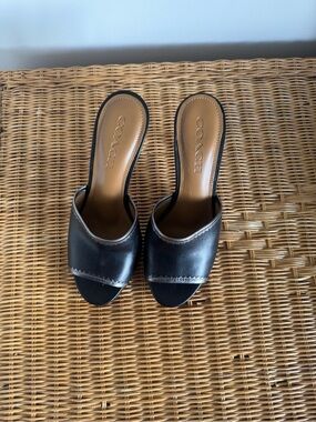 Coach Black Leather Peep Toe Mules - COACH
